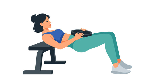 Young athletic woman performing weighted hip thrusts on a workout bench flat design vector illustration.