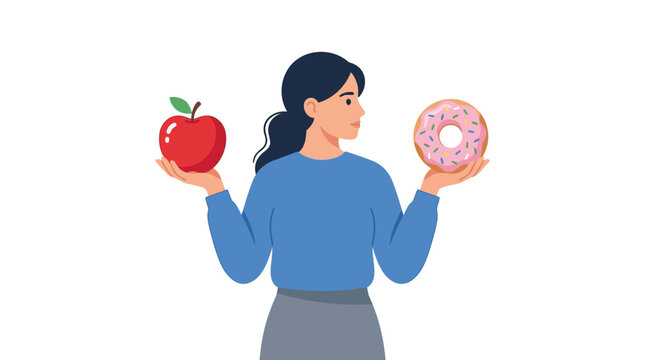 Woman comparing fresh red apple and sugary glazed donut for healthy lifestyle choices flat design vector illustration