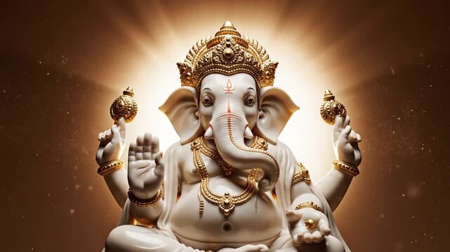 Masterpiece quality cinematic spiritual video of Lord Ganesha seated in divine meditation and blessing pose centered symmetrical composition inspired by museum quality handcrafted sculpture intricatel