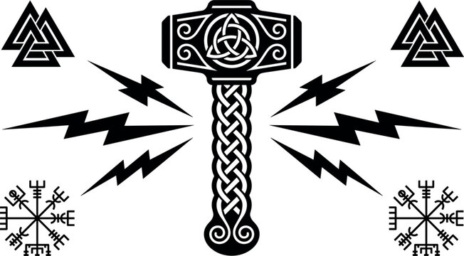 Norse Mythology Thor Hammer Mjolnir Vector Icon Set with Valknut Vegvisir and Lightning Symbols for Viking Tattoos Tribal Graphics and T-Shirt Prints