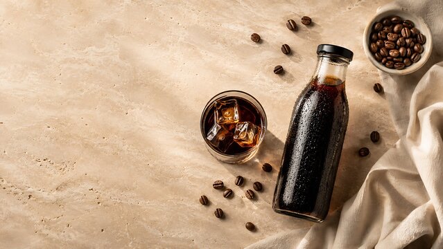 Premium Cold Brew Coffee Flat Lay with Bottled Coffee, Iced Serving Glass, Roasted Coffee Beans and Linen on Natural Stone Background with Copy Space