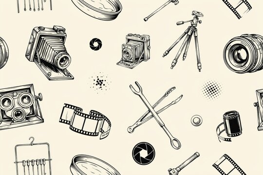 Vintage equipment seamless pattern featuring old cameras, strips, tripod, lens, and darkroom tools on a beige background