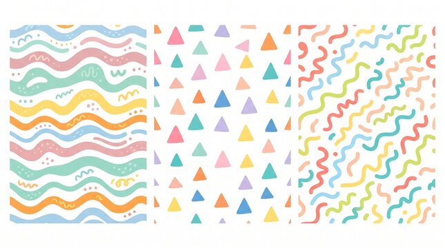 Playful abstract pastel patterns featuring hand-drawn waves, triangles, and colorful doodles for nursery backgrounds and textile designs