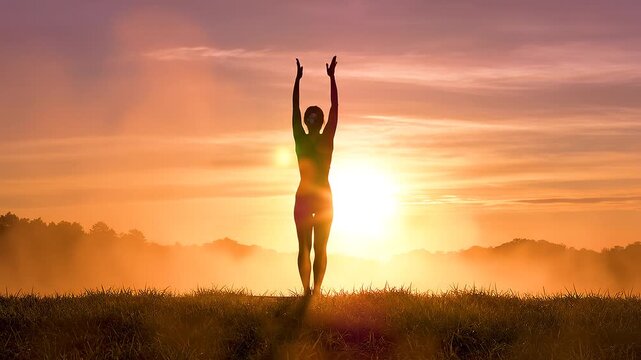 Silhouette woman practicing yoga pose. Grass field sunrise, arms extending upward. Worship pose, misty hilltop landscape golden hour sky, peaceful wellness exercise, serene morning, health fitness