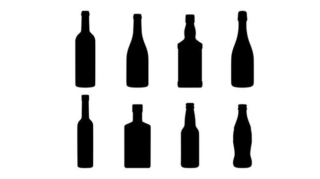 Alcohol bottle silhouettes collection, 8 black liquor and wine bottle icons, flat vector set of beverage glass containers for bar menus