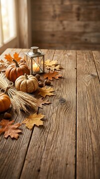 Rustic Wooden Background with Autumnal Pumpkins and Lantern Decor