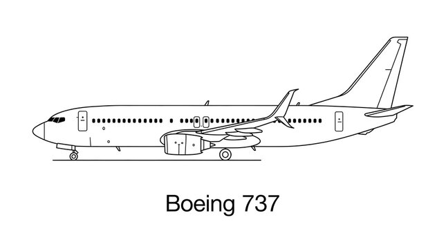 A clean side profile line drawing of a Boeing 737 commercial passenger jet on a white background.