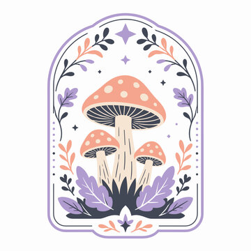 Decorative mushroom illustration with floral frame in cottagecore style