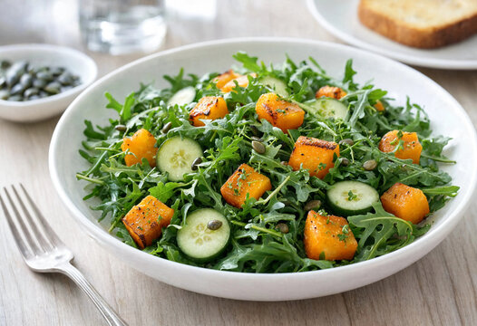 Fresh arugula salad with roasted pumpkin cubes cucumber slices and pumpkin seeds served in a white bowl on wooden table healthy meal option