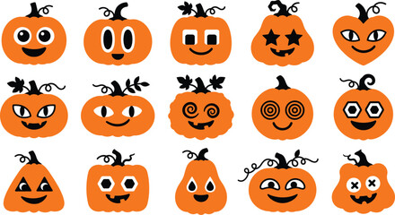 Fototapeta premium Set of cute hand drawn pumpkins with various funny faces for halloween decoration and autumn holiday design