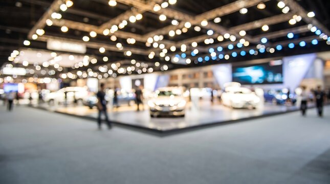 Blurred motor show exhibition hall with modern passenger vehicles and bright ceiling lights creating festive bokeh effect in spacious convention center interior for automotive industry event