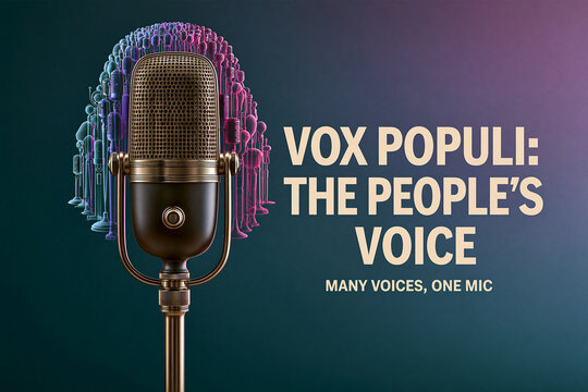 A classic bronze vintage microphone stands proudly against a dark blue background with typography reading Vox Populi: The People's Voice, framed by multiple micro-mic shapes.