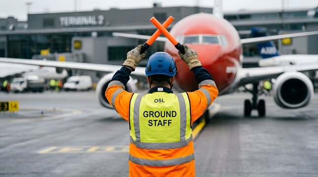 A dedicated airport ground crew member signals an incoming red airplane on the busy airport tarmac.