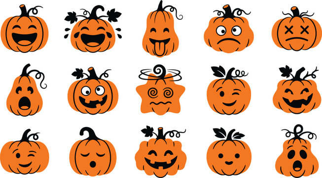 Set of cute hand drawn pumpkin characters with various funny facial expressions for halloween holiday design elements