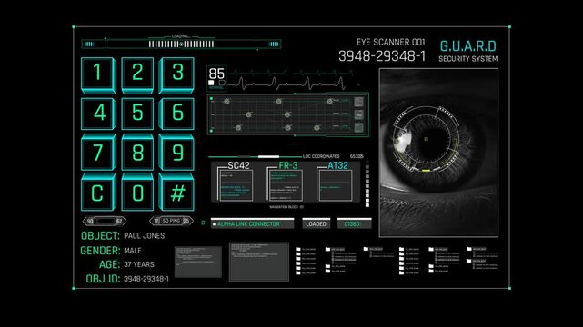 Futuristic Sci Fi HUD Biometric Eye Scanner Interface with Iris Recognition and Passcode PIN Pad