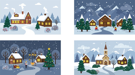 Fototapeta premium A collection of four charming winter village scenes featuring cozy houses decorated for the holidays with snow and pine trees