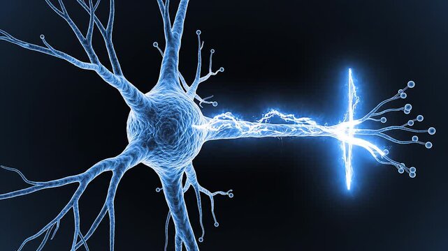3D rendering of a human neuron with glowing electric impulse signal firing along the axon in brain network
