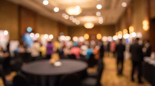 Blurred banquet hall with people attending a formal gala event featuring round tables and soft ambient lighting for elegant corporate dinner or celebration background