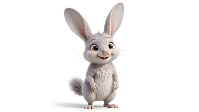 Cute full body baby bilby with long ears and fluffy fur in a realistic animated 3D style isolated on a white background.