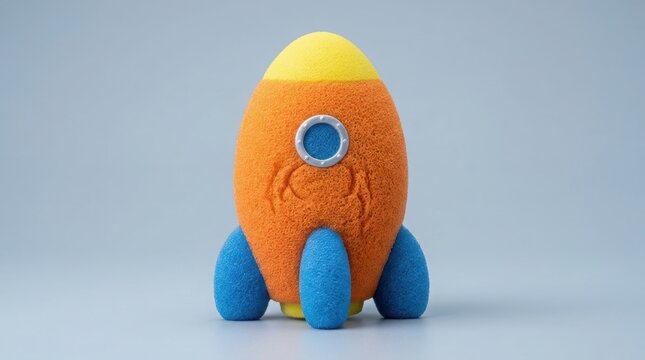 Rocket squishy toy made of soft foam material. Colorful space shuttle stress reliever for kid. Cute tactile sensory object for tactile stimulation and creative game fantasy play.