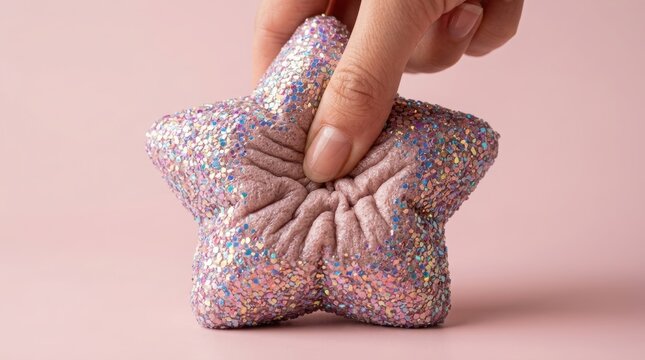 Woman hand squeezing a glittery star shaped squishy toy. Sensory stress relief foam object for relaxation. Soft slow rising texture for fidgeting and child game on pink background.
