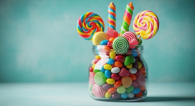 Colorful candy jar with lollipops and sweets