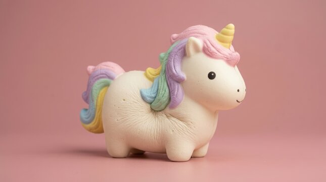 Unicorn squishy toy on a pink background. Cute pastel creature for sensory play and stress relief. Soft foam collectible doll for child entertainment and fun hobby activity concept.