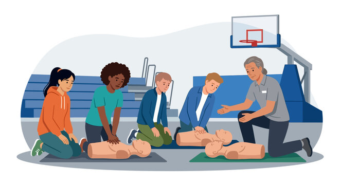 Diverse teenagers practicing CPR on medical manikins with instructor during first aid training flat vector illustration.