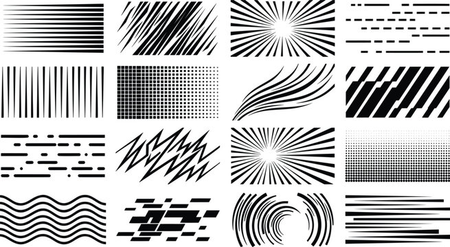 Manga speed lines and comic action effects, 16 black and white motion textures, dynamic radial sunburst and halftone patterns for graphic design