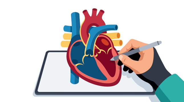 Medical illustrator drawing detailed human heart cross-section on digital tablet for cardiology study flat vector illustration.
