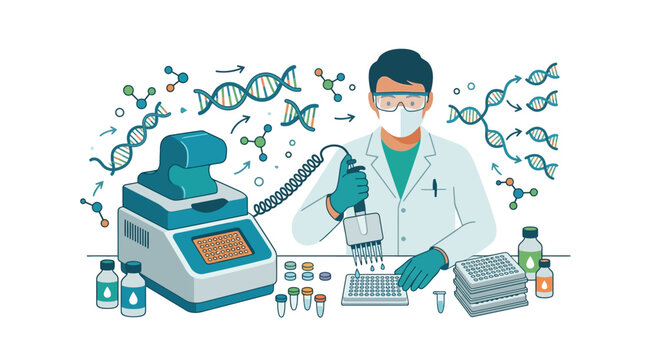 Professional lab technician conducting genetic research using PCR machine and multichannel pipette flat design vector illustration