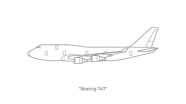 A minimalist line drawing of a Boeing 747 aircraft showing the side profile on a white background.