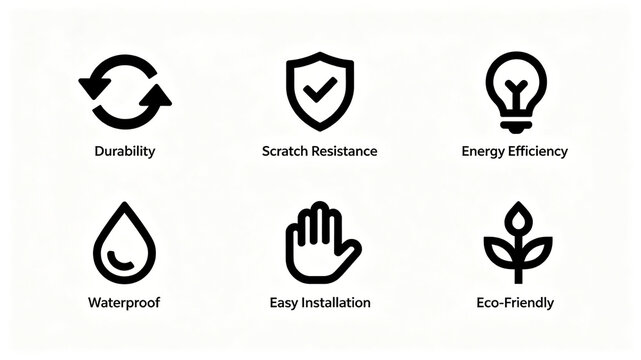Home decoration material selling point icon, scratch resistant, waterproof, energy-saving, easy to install, long service life, and environmentally friendly, suitable for home decoration procurement
