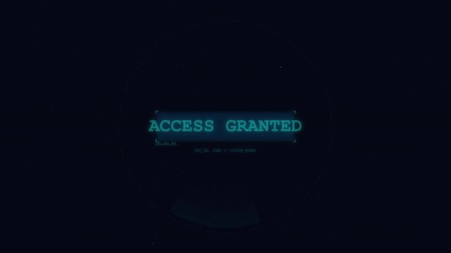 Digital interface displays 'access granted' message with futuristic grid and data elements, representing security and authorization.