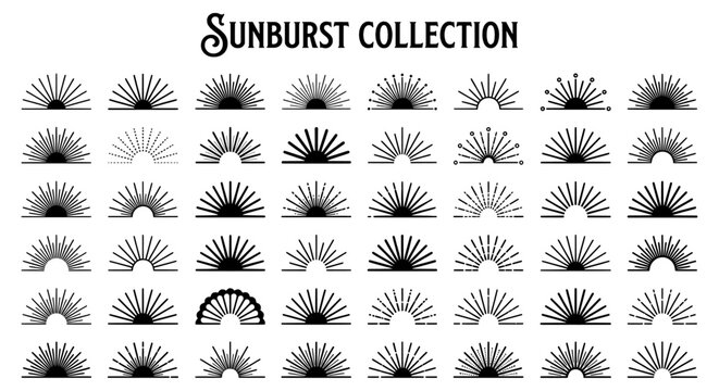 Vintage sunburst collection with 48 half circle sun rays, retro radial burst line art set, black sunrise and sunset icons for logo design