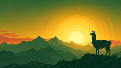 Naklejka premium Andean Mountain Silhouette with Llama at Sunset for Bolivia Independence Day