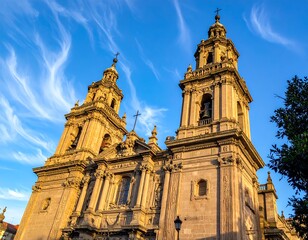 Obraz premium A low-angle shot of a historic church with two towers under a blue sky