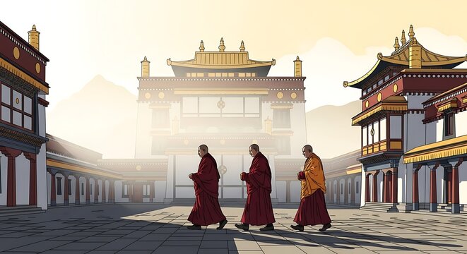 Monks walk temple court.