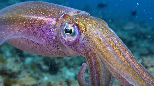 Close-up underwater view of a colorful squid swimming gracefully in clear blue ocean water