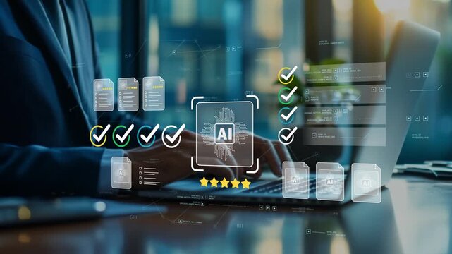 Businessman in modern office using laptop with animated AI icon, intelligent document management, enterprise workflow automation, digital approval checklist and business process optimization platform