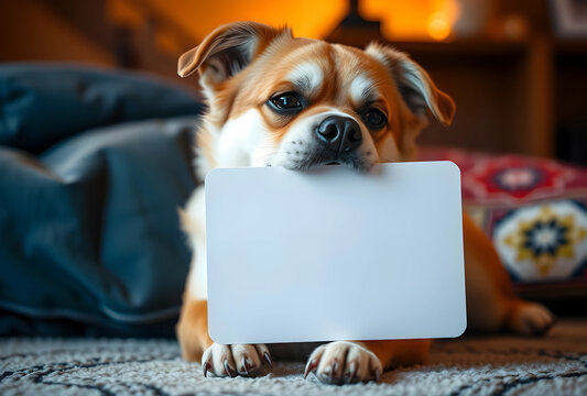 apologetic dog holding blank sign indoors
