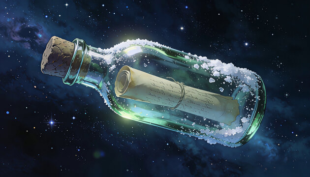 messaggio in una bottiglia che galleggia nel vuoto dello spazio infinito, message in a bottle floating in the void of infinite space