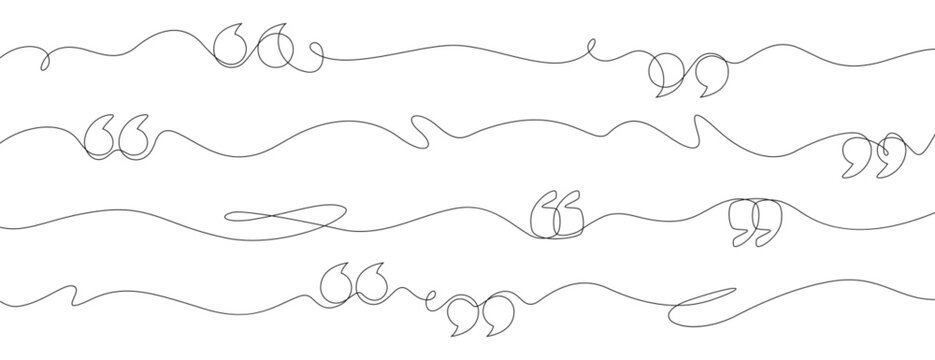 Continuous single one line art quote frame. Hand drawing text double commas, quotation marks. Doodle minimal linear icon silhouette of quotes, outline simple dialogue comment, citation graphic design