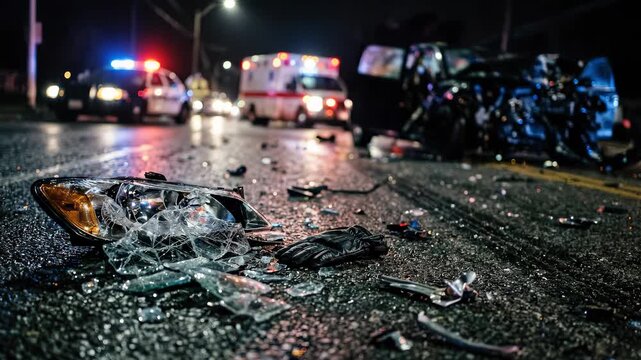 Roadway destruction aftermath: traffic accident, severe collision, vehicle damage, emergency worker, insurance claim, Europrotocol document, night chaos, broken glass.