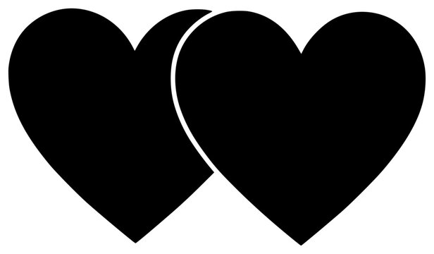 Double Hearts black silhouette vector illustration, simple flat clipart design isolated on white background