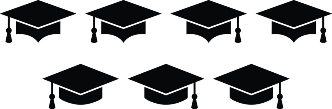 Graduation cap icon set in black vector EPS format, academic mortarboard hat collection, university commencement ceremony symbols for education design