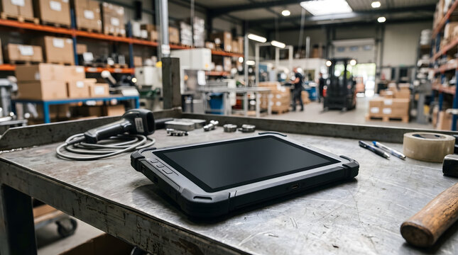 Rugged industrial tablet computer on warehouse workstation with barcode scanner for digital inventory management and warehouse automation