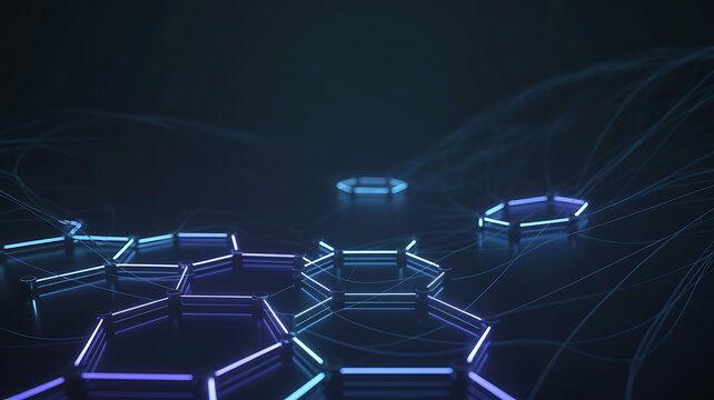 Abstract digital technology background with glowing blue circuit board lines and data connection nodes forming a futuristic network map in dark atmosphere for science and computer concepts