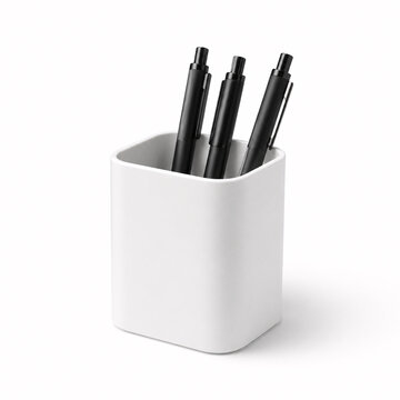 Three black pens in a white pen holder