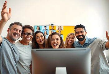 Fototapeta premium Group of diverse adults enjoying an online video party